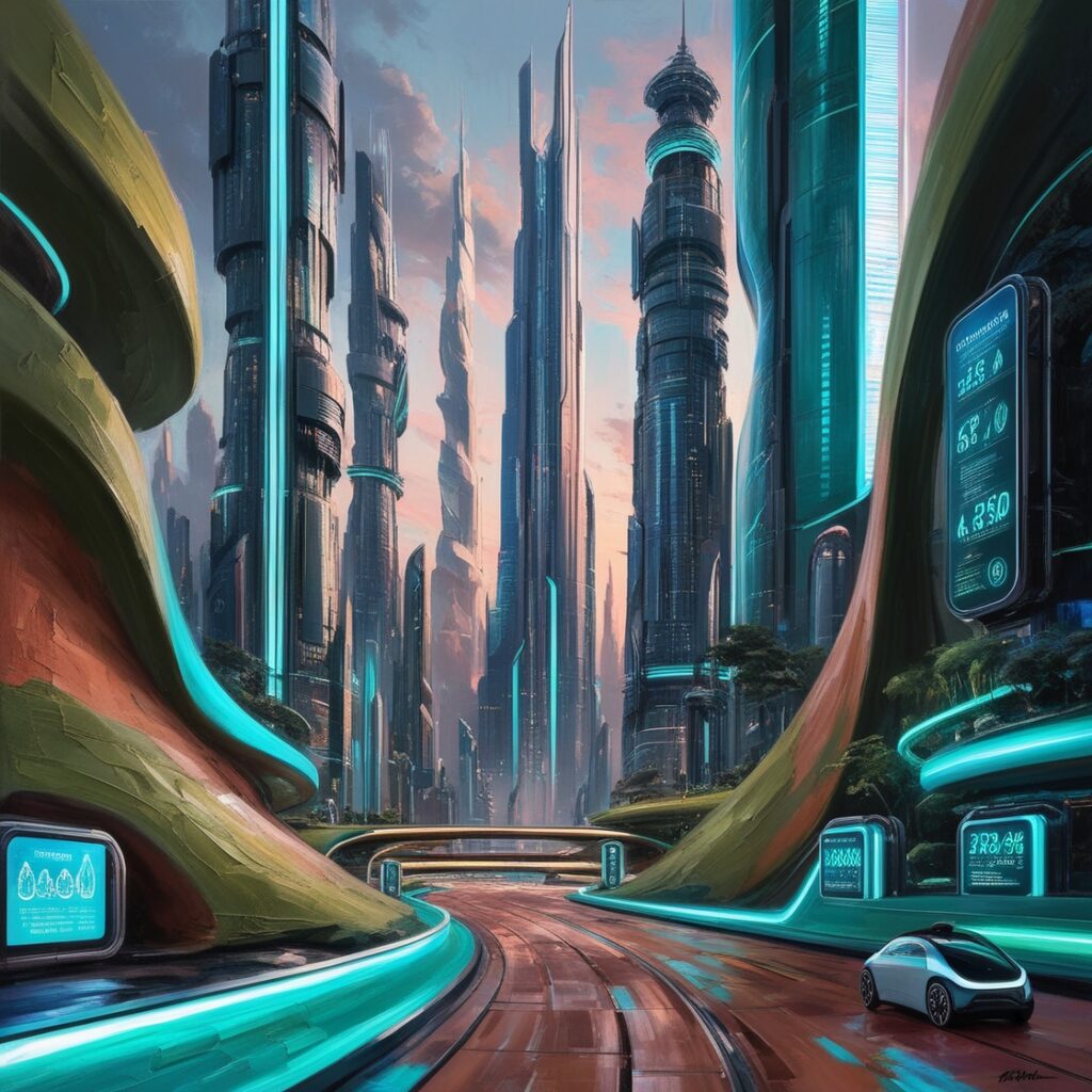 Default A futuristic cityscape with towering skyscrapers and n 2